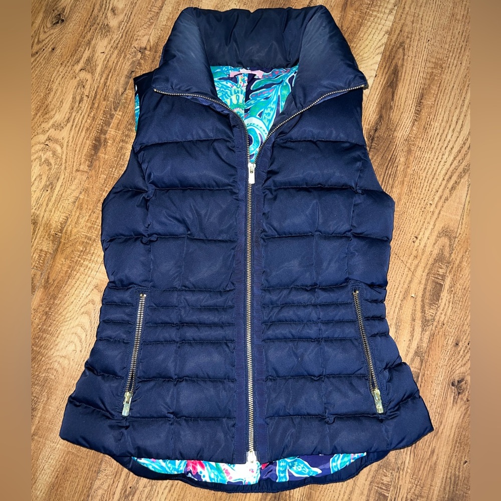 Lilly Pulitzer Quilted Down Puffer Vest Navy Blue Size Small